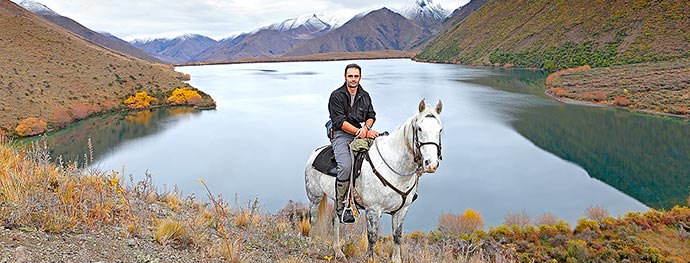Rob Suisted riding Ghost at Lake McRae, during Molesworth Station book filming