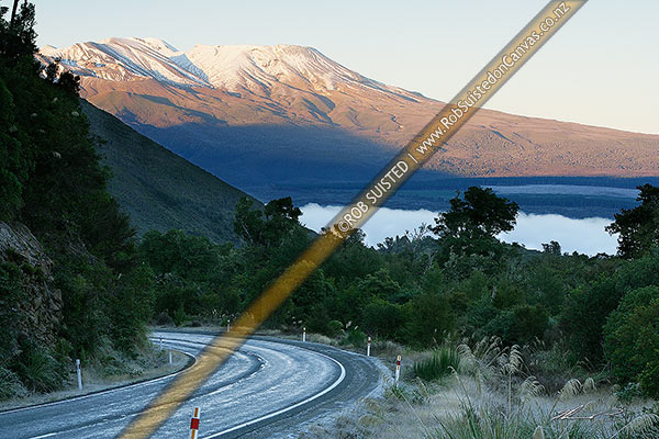Photo of Vehicle on the Pihanga Saddle Road (State highway 47) between Tokaanu and National Park. Early morning, winter frosty road and morning sun. Mt Tongariro above, Tokaanu, Taupo, Waikato Region, New Zealand (NZ)