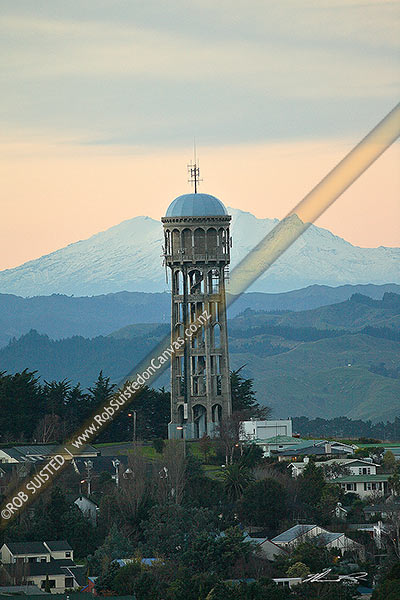 Photo of Bastia Hill water tower with Mount Ruapehu behind, Wanganui City, Wanganui, Manawatu-Wanganui Region, New Zealand (NZ)
