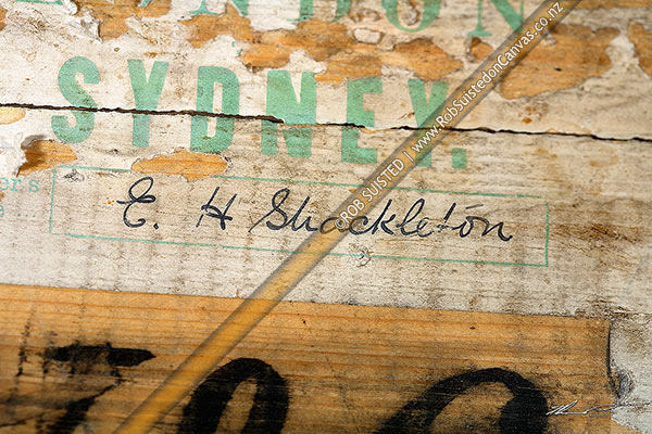Photo of Written signature or name of E.H. Shackleton on packing case used as bedhead inside Ernest Shackleton's British Antarctic (Nimrod 1907-09) Expedition hut, Cape Royds, Ross Island, Antarctica, Antarctica