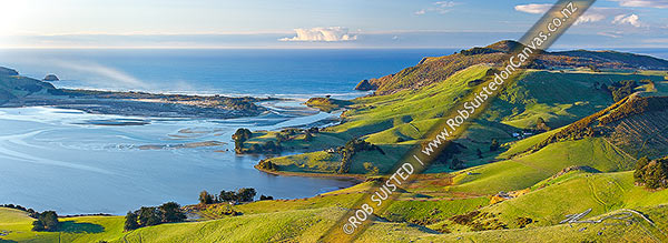 Photo of Otago Peninsula farmland and beaches around Hoopers Inlet. Allans Beach left, Sandy Mount right. Panorama, Otago Peninsula, Dunedin City, Otago Region, New Zealand (NZ)