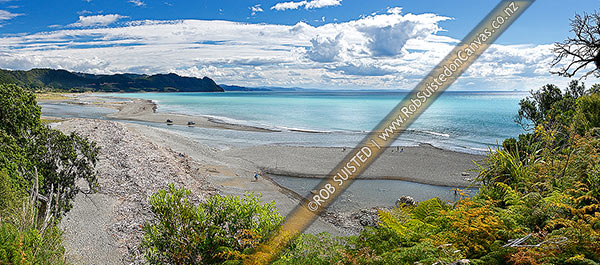 Photo of Motu River mouth panorama with people fishing on sand bars for Kahawai. Rising in the Raukumara Ranges and flowing into the Eastern Bay of Plenty, Motu, Opotiki, Bay of Plenty Region, New Zealand (NZ)