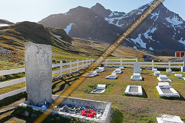 Photo of Ernest Henry Shackleton's grave and headstone in the Whaler's Cemetery (15 February 1874 - 5 January 1922), Grytviken, King Edward Cove, South Georgia, South Georgia