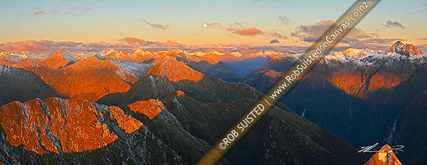 Photo of Looking ENE along Edith - George River alpine tops to the head of the Edith River at dusk. Edith Saddle centre with full moon above. Glaisnock Wilderness Area. Panorama, Fiordland National Park, Southland, Southland Region, New Zealand (NZ)