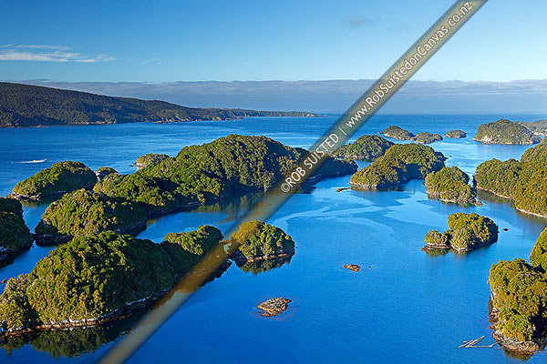 Photo of Dusky Sound entrance and islands around Anchor Island. South Point distant. World Heritage Area, Fiordland National Park, Southland, Southland Region, New Zealand (NZ)