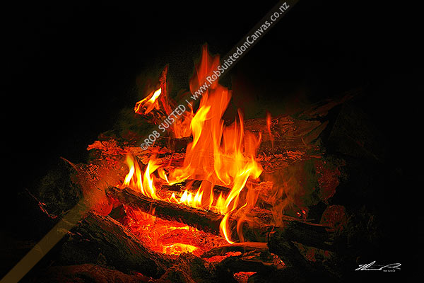 Photo of Campfire and embers burning at night,, New Zealand (NZ)