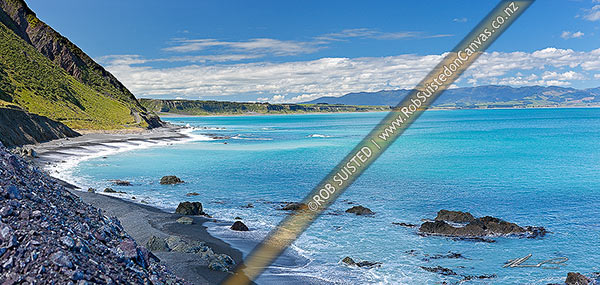 Photo of Palliser Bay coast panorama looking towards Ocean Beach. Aorangi Haurangi Range beyond, Ocean Beach, South Wairarapa, Wellington Region, New Zealand (NZ)