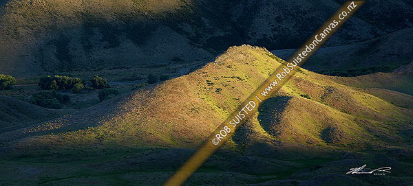 Photo of Molesworth station front country in the last sunlight of the day. Awatere River valley. Panorama, Molesworth Station, Marlborough, Marlborough Region, New Zealand (NZ)