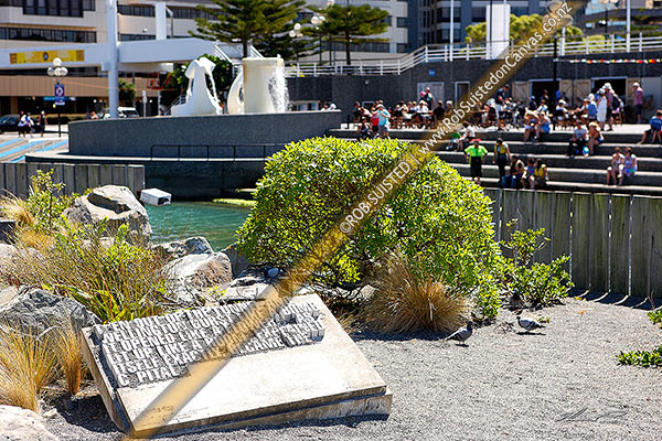 Photo of Wellington Waterfront Writers Walk artwork near Frank Kitts Park and lagoon. Sculpture by Catherine Griffiths, Wellington, Wellington City, Wellington Region, New Zealand (NZ)
