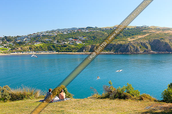 Photo of Titahi Bay with a couple enjoying fish and chips and the view over the bay, with Titahi Bay boatsheds visible, Titahi Bay, Porirua City, Wellington Region, New Zealand (NZ)