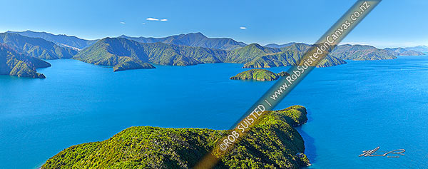 Photo of Marlborough Sounds, inner Queen Charlotte Sound from above The Snout, with Allports Island centre. Torea Bay, Kaipakirikiri and Kumutoto Bays left. Aerial panaroma, Marlborough Sounds, Marlborough, Marlborough Region, New Zealand (NZ)