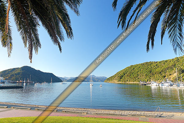 Photo of Picton foreshore and beach on a calm evening, with yachts moored in the bay, Picton, Marlborough Sounds, Marlborough, Marlborough Region, New Zealand (NZ)