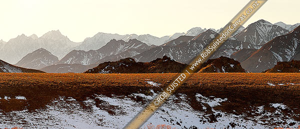Photo of Inland Kaikoura Range. Mitre Peak, Mount Tapuae-o-Uenuku (2885m), Mt Alarm and Mt Symons at left, in spring snow, seen from Molesworth Station. Panorama, Molesworth Station, Marlborough, Marlborough Region, New Zealand (NZ)