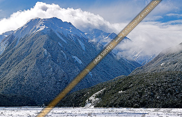 Photo of Bealey River Valley with Mount O'Malley (1703m) cloaked in heavy winter snowfall. Mingha River valley centre, Arthur's Pass National Park, Selwyn, Canterbury Region, New Zealand (NZ)