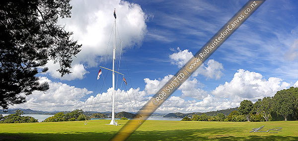 Photo of Waitangi Treaty Grounds, Naval flagstaff standing where Te Tiriti o Waitangi (Treaty of Waitangi) was signed. Panorama, Waitangi, Bay of Islands, Far North, Northland Region, New Zealand (NZ)