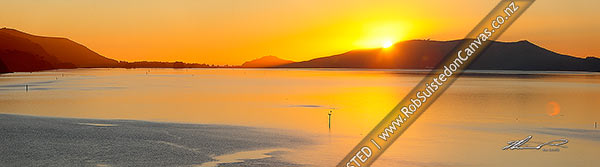 Photo of Otago Harbour sunrise. Looking past Te Ngaru, towards Aramoana, The Spit, Taiaroa Head, Hautai Hill, and Harington Point. Panorama, Port Chalmers, Dunedin City, Otago Region, New Zealand (NZ)