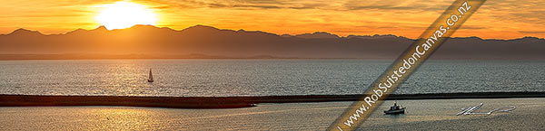 Photo of Sunseting over Nelson Haven, Boulder Bank, Tasman Bay and distant Kahurangi National Park Mountains. Panorama, Nelson, Nelson City, Nelson Region, New Zealand (NZ)