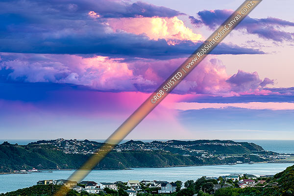 Photo of Sunset over Wellington Harbour, with sunset light colouring clouds and a lone rainfall over Cook Strait and Miramar Peninsula, Wellington, Wellington City, Wellington Region, New Zealand (NZ)