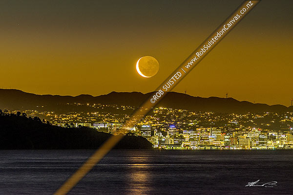 Photo of Wellington City with setting moon above. Seen from eastern harbour. Point Halswell centre, Project West Wind wind turbines beyond. Waning crescent moon phase, Wellington, Hutt City, Wellington Region, New Zealand (NZ)