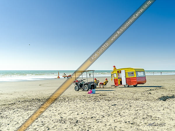 Photo of Waitarere Beach surf lifeguards on patrol with their caravan and inflatable boat, watching out for swimmers safety, Waitarere Beach, Levin, Horowhenua, Manawatu-Wanganui Region, New Zealand (NZ)