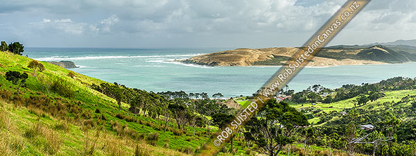 Photo of Hokianga Harbour entrance panorama with South Head (far left) and North Head (centre), beyond Omapere township, Omapere, Far North, Northland Region, New Zealand (NZ)