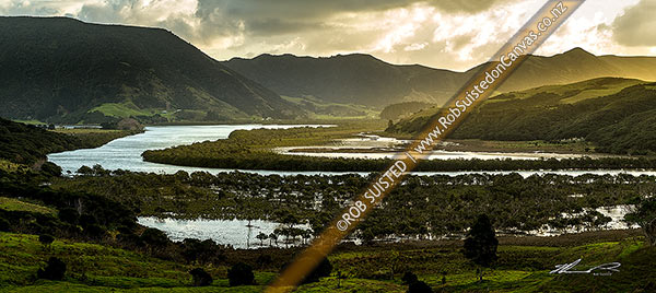Photo of Whangape Harbour and Awaroa River, looking towards Whangape beyond tidal mangrove forests, with beautiful evening sunlight. Panorama, Whangape, Far North, Northland Region, New Zealand (NZ)