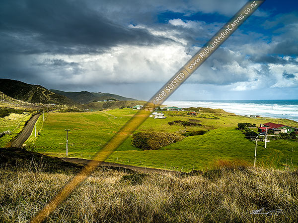 Photo of Mitimiti farmland and houses overlooking Mitimiti beach and weather breaks on the wild west coast, Mitimiti, Far North, Northland Region, New Zealand (NZ)