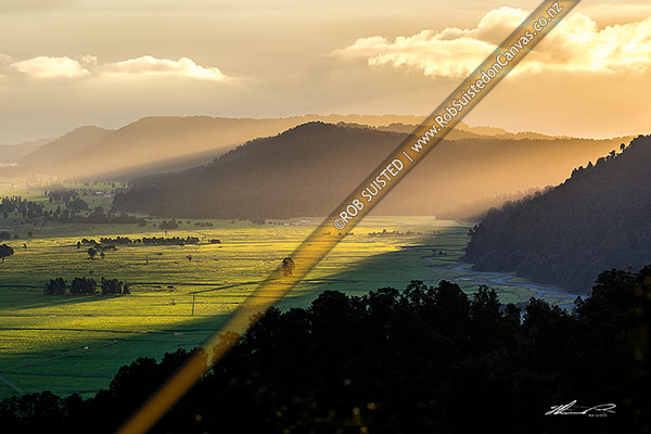 Photo of South Westland rainforest and lush dairy farmland on the Cook River Flats (Weheka) bathed in last evening light as bad weather breaks, Fox Glacier, South Westland, Westland, West Coast Region, New Zealand (NZ)