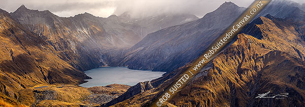 Photo of Lochnagar (Lake Lochnagar) above the Shotover River, in the Richardson Mountains and Shotover Conservation Area. Cleft Peak (2250) in cloud. Panorama, Shotover River, Queenstown Lakes, Otago Region, New Zealand (NZ)