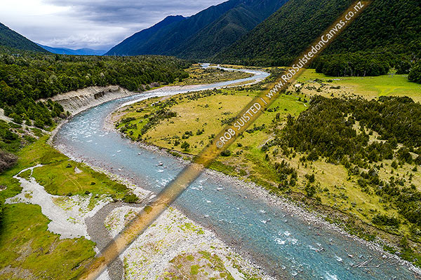 Photo of Wairau River passing through beech forest and riverflats in the Rainbow Conservation Area. Aerial view, Wairau River, Marlborough, Marlborough Region, New Zealand (NZ)