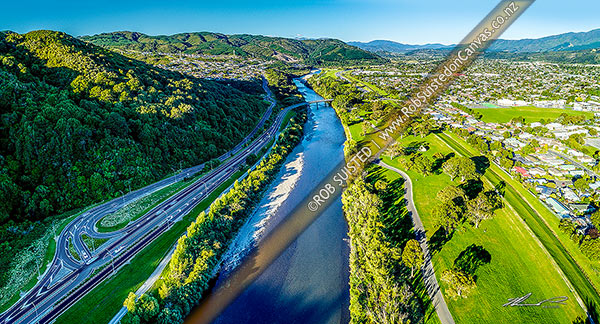 Photo of Hutt River in the Upper Hutt valley near Trentham. River Road (SH2) crossed the Hutt River with Riverstone Terraces far left, Moonshine Park and Upper Hutt City right. Tararua Ranges beyond. Aerial panorama, Upper Hutt, Upper Hutt City, Wellington Region, New Zealand (NZ)
