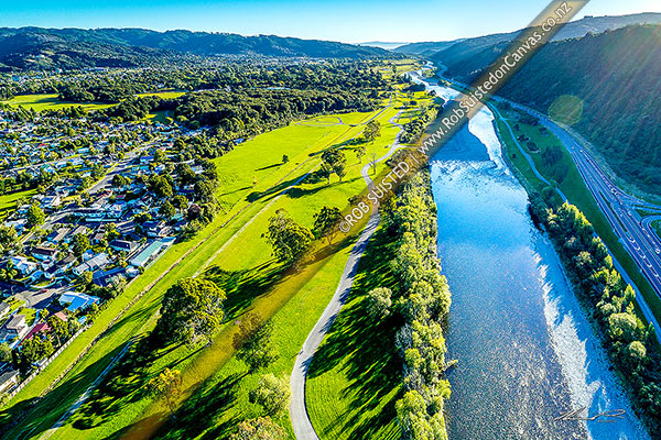Photo of Hutt Valley aerial view looking down the Hutt River, River Road (SH2), and over Moonshine Park towards Lower Hutt City, Upper Hutt, Upper Hutt City, Wellington Region, New Zealand (NZ)