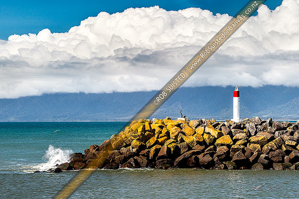 Photo of Buller River mouth north mole and breakwater with navigation beacon, Westport, Buller, West Coast Region, New Zealand (NZ)