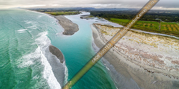 Photo of Taramakau River mouth, estuary and sand bars. Aerial panorama looking north over surf, Kumara Junction, Westland, West Coast Region, New Zealand (NZ)