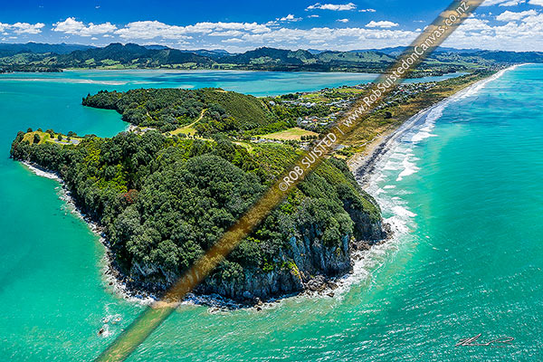 Photo of Waihi Beach and Bowentown Heads seen from above Te Ho Pa site on Eastern Hill. Looking along Ocean Beach towards Waihi Beach and Rapatiotio Point at right. Aerial view, Bowentown, Waihi Beach, Western Bay of Plenty, Bay of Plenty Region, New Zealand (NZ)
