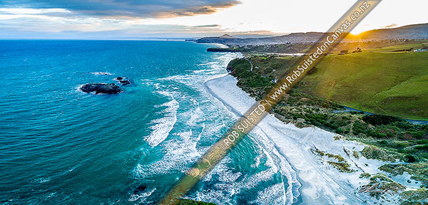 Photo of Smaills Beach and Dunedin South Coast, looking past Bird Island, past Tomahawk Beach and Lawyers Head toward St Kilda. Aerial panorama, Otago Peninsula, Dunedin City, Otago Region, New Zealand (NZ)