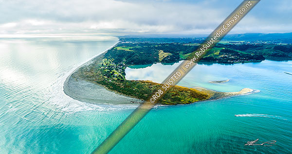 Photo of Ohiwa Harbour mouth, looking east over Ohiwa. Aerial view, with small boat crossing harbour bar, Ohope, Bay of Plenty, Western Bay of Plenty, Bay of Plenty Region, New Zealand (NZ)