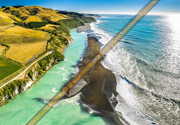 Photo of Hurunui River mouth, aerial view looking north over bar towards Manuka Bay and Point Gibson. North Canterbury, Hurunui Mouth, Hurunui, Canterbury Region, New Zealand (NZ)