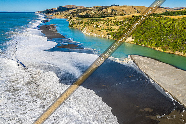 Photo of Hurunui River mouth, aerial view looking south over coastal bar awash at high tide, towards Napenape and Blythe River mount. North Canterbury, Hurunui Mouth, Hurunui, Canterbury Region, New Zealand (NZ)