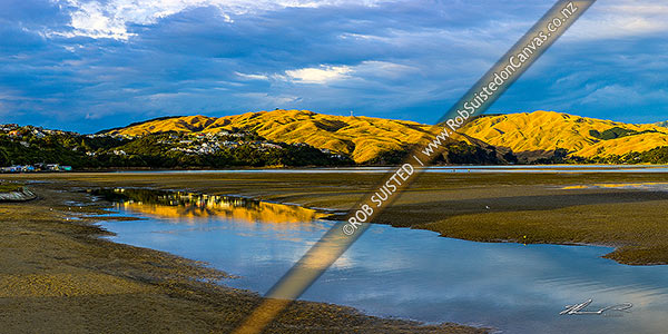 Photo of Pauatahanui Inlet arm of Porirua Harbour, with evening light on the northern hills. Seen from Ivey Bay at Paremata. Panorama at low tide, Paremata, Porirua City, Wellington Region, New Zealand (NZ)
