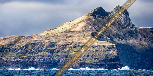 Photo of The Horns, Te Whakahewa, prominent diorite columns prominent at Cape L'Eveque at southern end of Chatham Island, and 100m high seacliffs pounded by sea. Panorama, Chatham Islands Rekohu, Chatham Islands, Chatham Islands Region, New Zealand (NZ)
